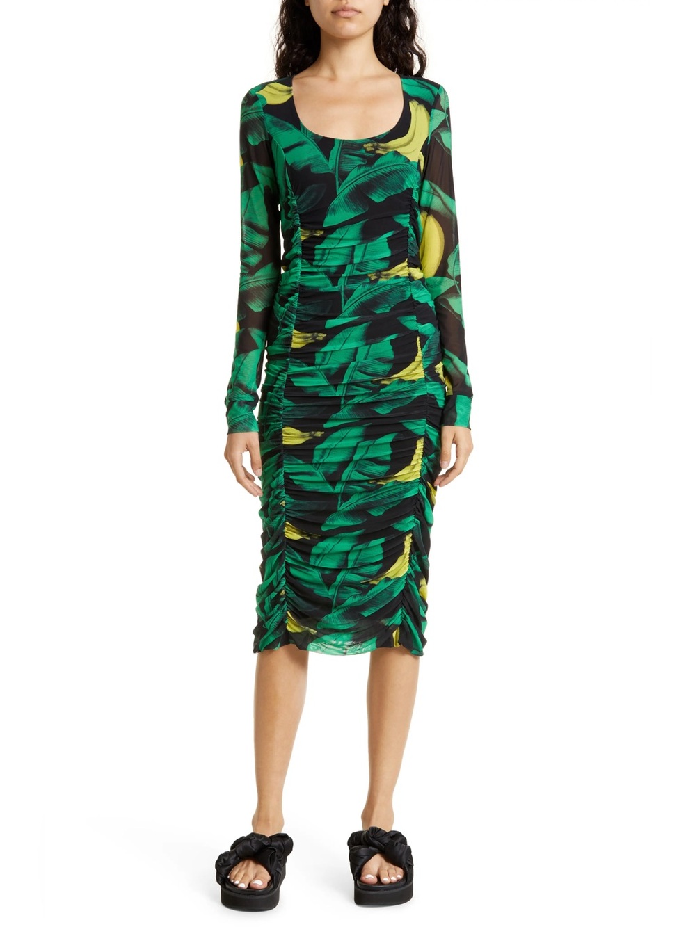 Ruched Scoop Neck Long Sleeve Stretch Recycled Polyamide Midi Dress